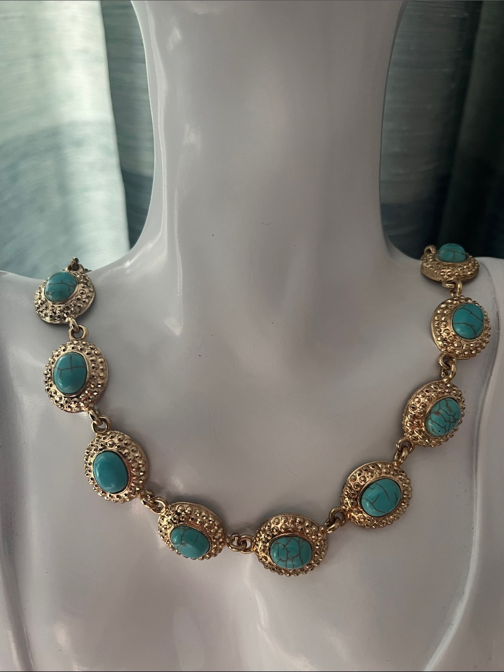 Vintage Gold-Tone Link Necklace with Ornate Sky Blue Cabochons